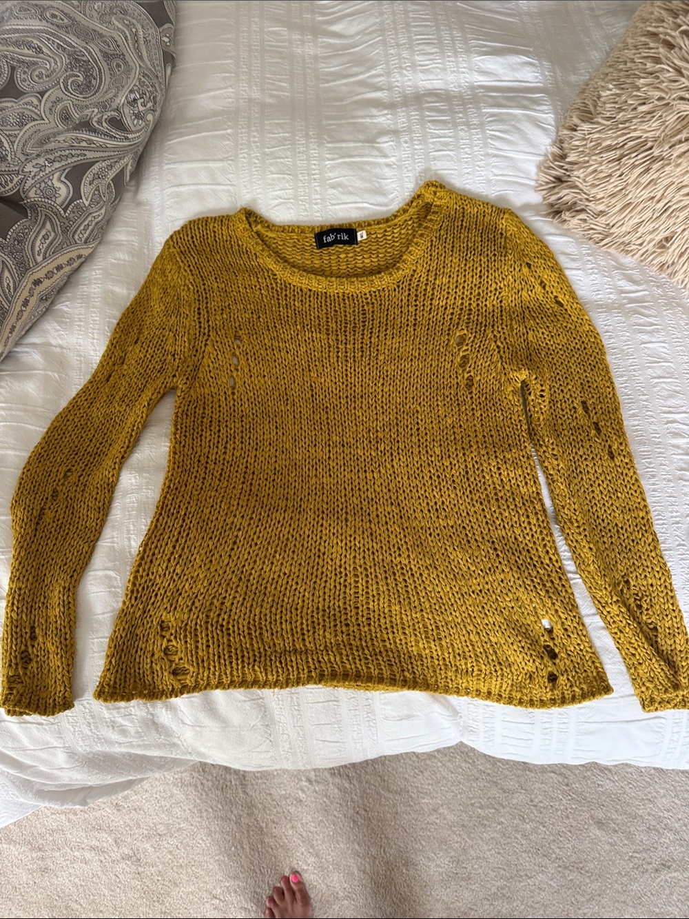 fab'rik Mustard Open-Knit Crewneck Sweater